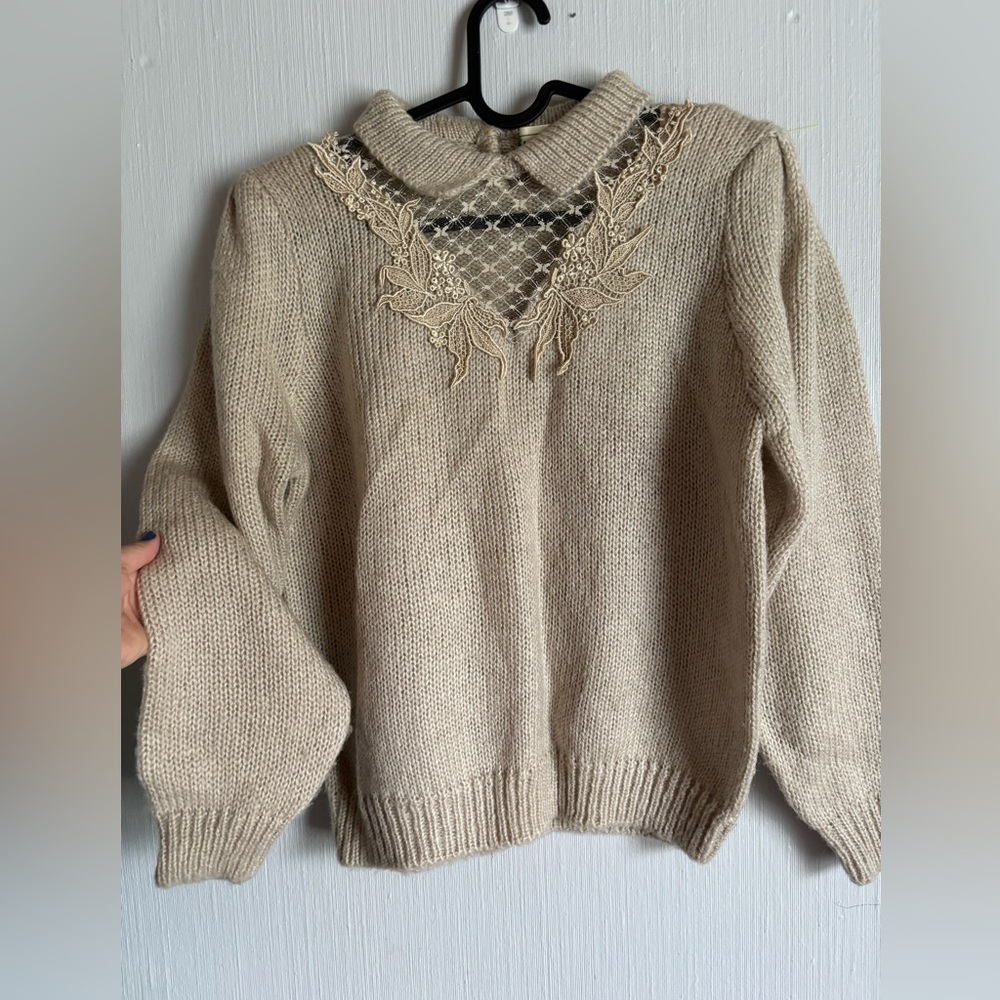 Vintage Beige Sweater with collar and Lace Detail